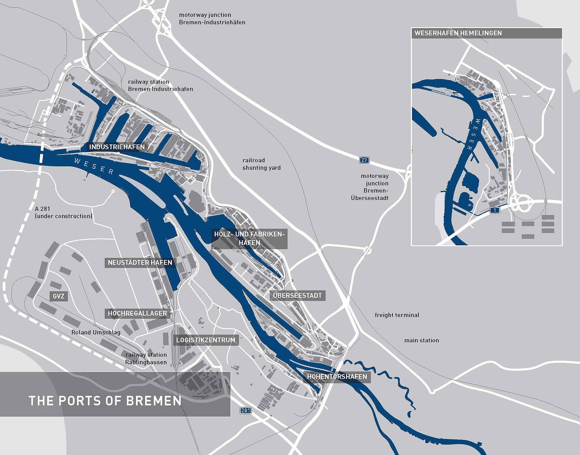Map of the area and locations of the ports of Bremen 